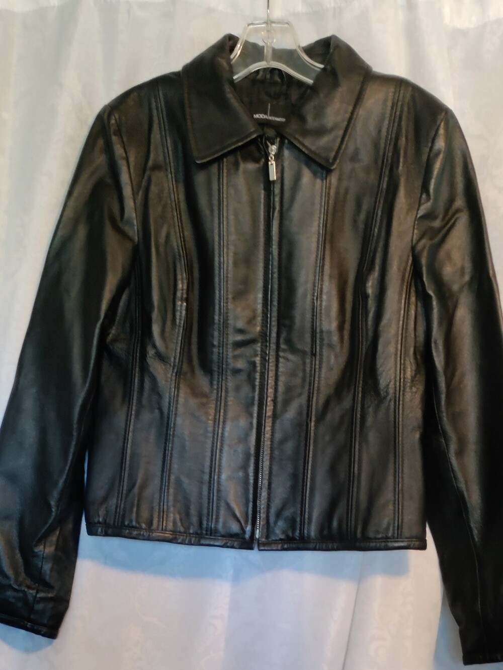 Moda International Black Genuine Leather Zip-Front Jacket Size M